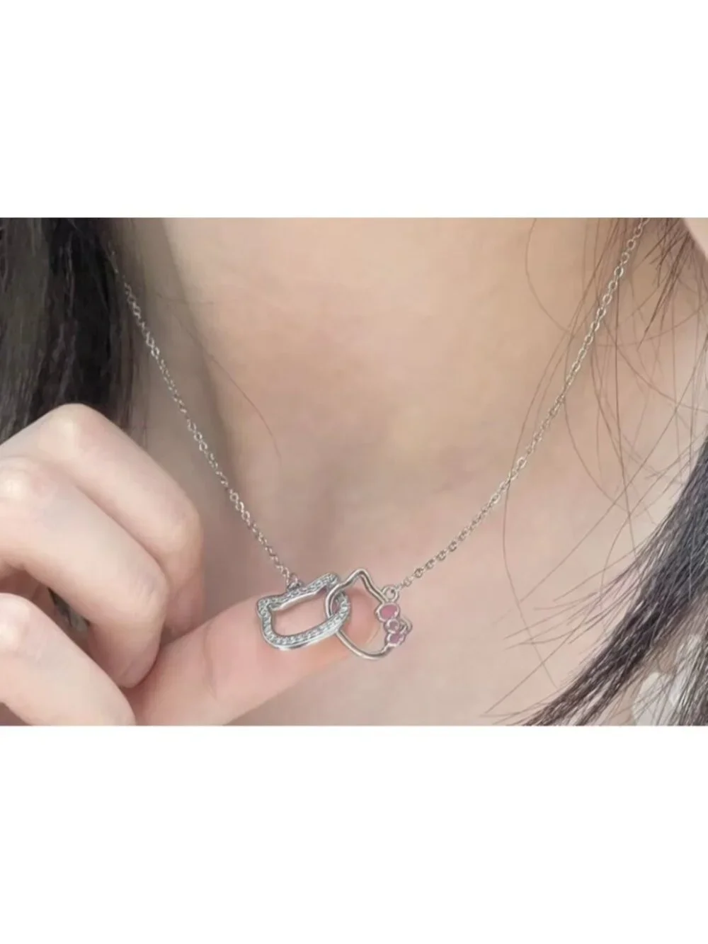 Hello Kitty Double Pendant Ring Necklace Anime Clavicle Chain Pendant Bow Charm